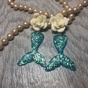 Mermaid tail rose flower petal blue ivory earrings